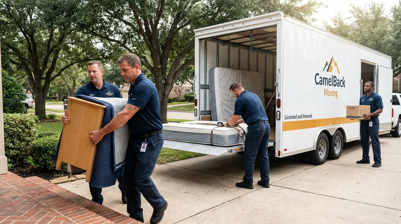 Crew loading residential truck for cross-state move from Ohkay Owingeh, NM