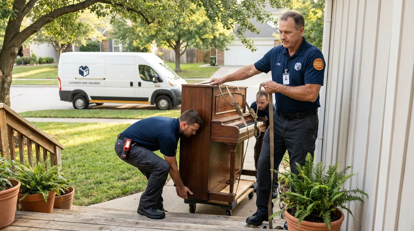 Licensed piano movers securing grand piano in Ohkay Owingeh, NM