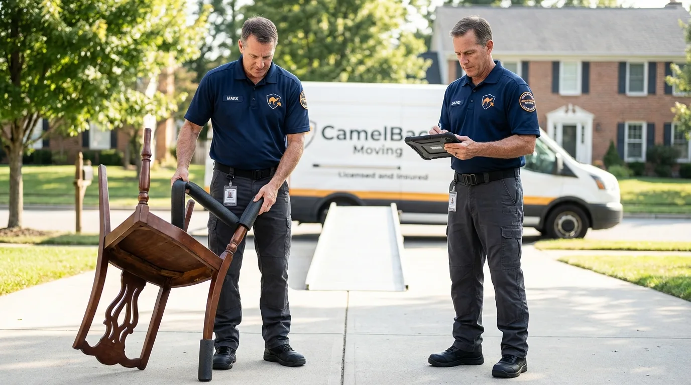 Movers inspecting furniture for damage prevention before loading in Ohkay Owingeh, NM
