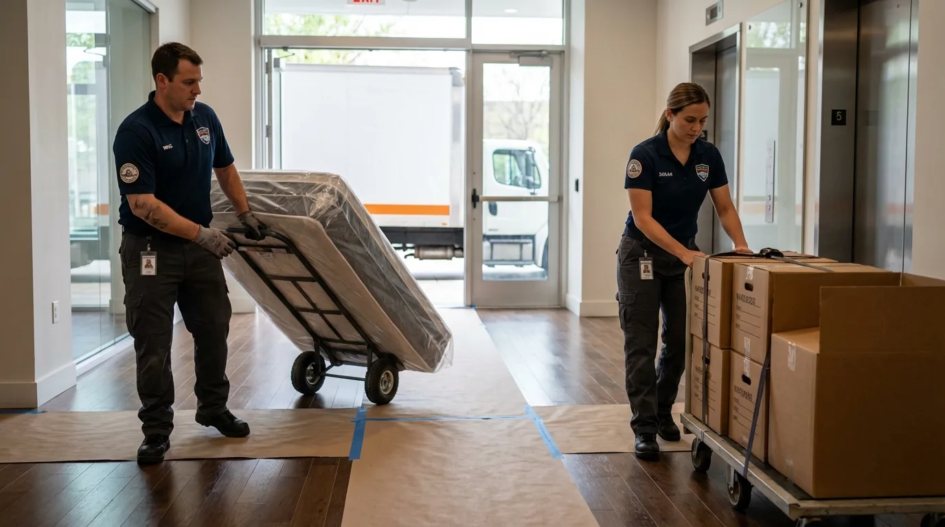 Professional apartment movers loading elevator in Ohkay Owingeh, NM