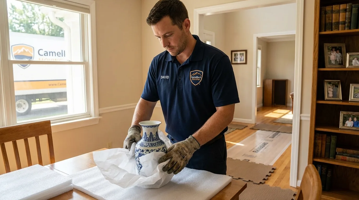 Professional crew carefully wrapping antique vase for senior downsizing move in Ohkay Owingeh, NM